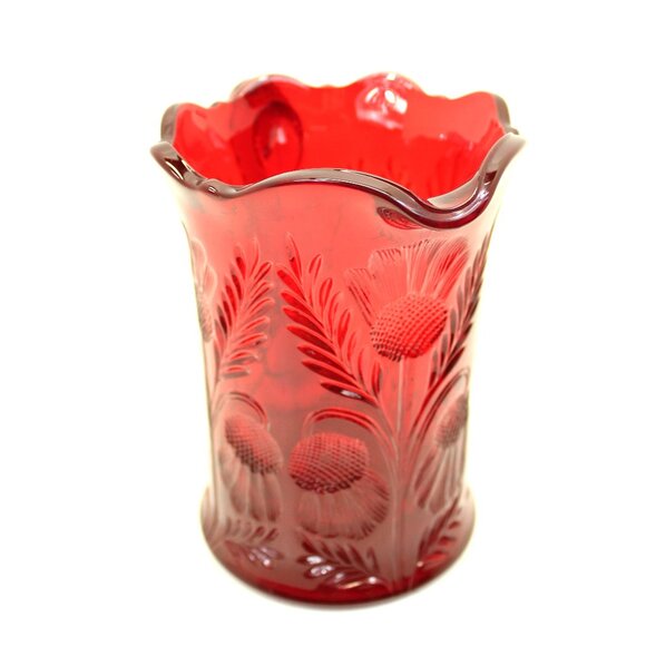 MOSSER RUBY RED GLASS PITCHER & (2) TUMBLERS INVERTED THISTLE PATTERN VINTAGE - Picture 7 of 10